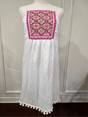 White Pom Pom Hem Sundress Embroidered Bib Boho Beach Vacation Miami Sz S